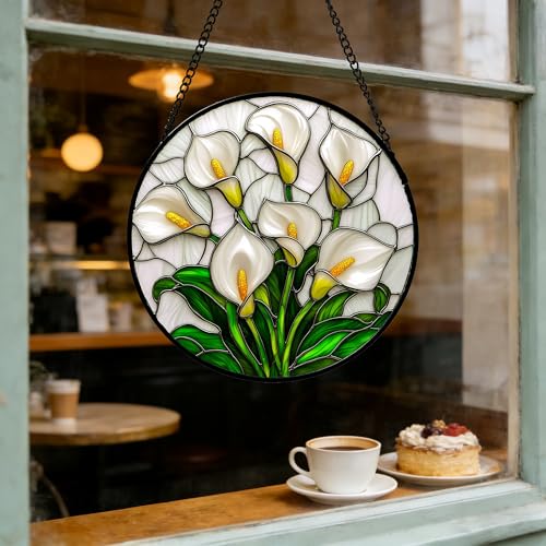 White Calla Lily Bouquet Stained Glass Window Hanging Suncatcher Gifts 7.8"