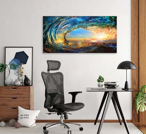 S06798 Giant Wave Water Wall Art Canvas Prints 1 Panels Ocean Waves Pictures Paintings with Sunset Blue Seascape Framed for Living Room Bedroom Kicthen Office Artwork