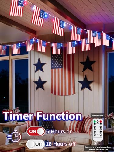 4th of July Lights 2PK Red White and Blue Battery String Lights with Flags (2 Count)
