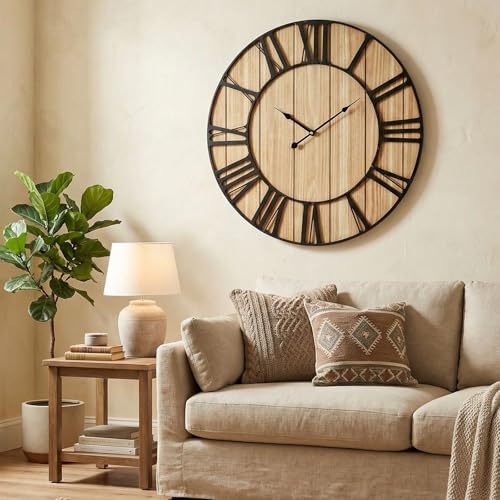 Large Farmhouse Wall Clock 24 Inch Vintage Brown Wooden Wall Clock with Quiet Ticking and Minimalist Roman Numerals for Bedroom Living Room Office Kitchen Home Decor