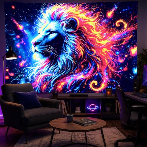 Blacklight Tapestry Lion Galaxy Party Backdrop 78 x 59 Inch