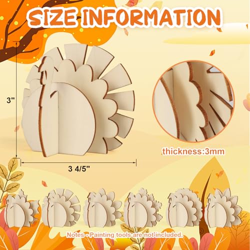 DIY 3D Turkey Thanksgiving Wood Crafts to Paint (24 Count)