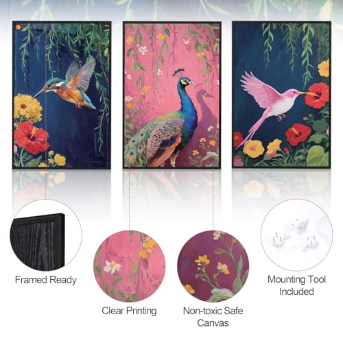 3 Pcs Birds Peacock Flowers Framed Canvas Wall Art 16x24 Inch