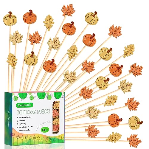 100pcs Pumpkin Maple Leaf Assorted Cocktail Picks 5″ Autumn Theme Decoration Toothpicks Skewers for Appetizers Charcuterie Board Accessories Food Garnish (100 Count)