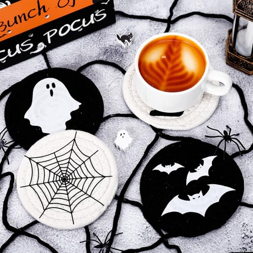 Halloween Handmade Braided Cotton Coasters Black White Ghost Bat Cat Spiderweb Drink Coasters Absorbent Cup Mat for Halloween Party Home Office Decor (4 Count)