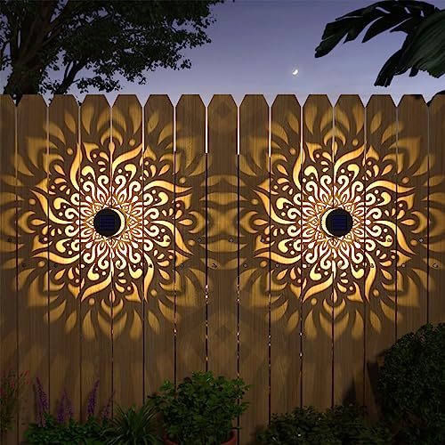 4 Pack Solar Fence Lights Metal Solar Powered Outdoor Wall Deck Step Lights Mandala Theme Waterproof Fence Light for Garden Post Patio Backyard Decor (4 Count)