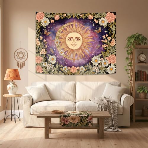 Vintage Sun and Moon Boho Hippie Purple Floral Tapestry 80 x 60 Inch