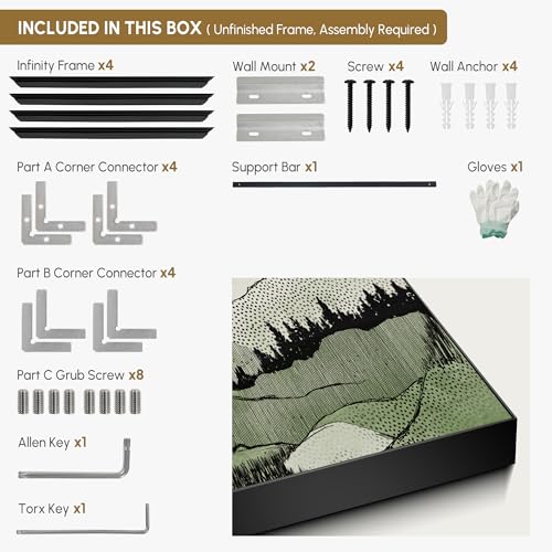 36"x72" Extra Large Framed Wall Art Green Line Art Mountain Landscape Illustration for Home Living Room Bedroom Decor
