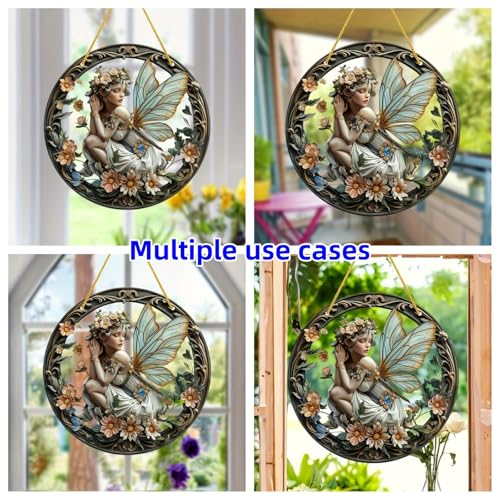 Flower Fairy Garden Decorations Angel Wing Christmas Halloween Deco Statue Art Elf Sculpture Hanging Craft for Outdoor Yard Courtyard Lawn Patio Window Acrylic Ornament Home Gift