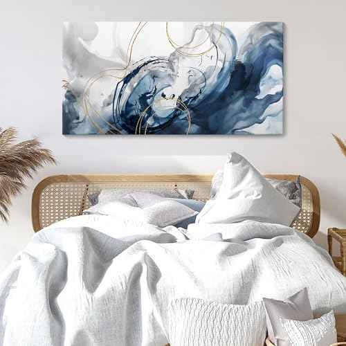 Blue Abstract Wall Art Modern Canvas Art Wall Decor Artwork For Walls Living Room Large Painting Office Pictures For Wall Navy Gold Contempor Decorations For Bedroom Size 20x40