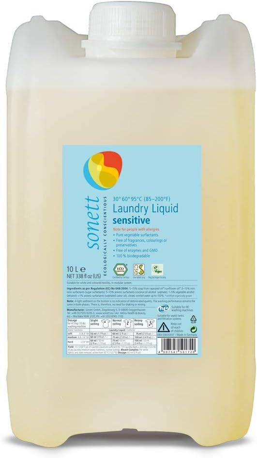 Sonett Organic Laundry Liquid Detergent Sensitive (2.6 gal/10L) for people with allergies GMO free Certified Organically Grown - HavenBliss Decor
