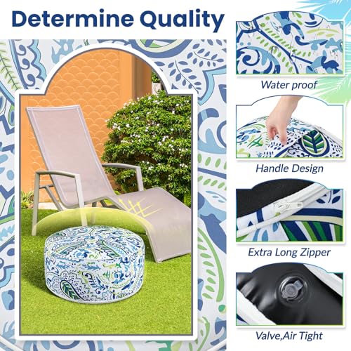 2 Pcs Inflatable Indoor Outdoor Ottoman Pouf with Handle D21 x H9 Inch Waterproof Round Pouf Ottoman Portable Footstool for Patio Garden Camping or Home Pool (2 Count)