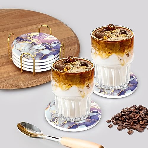 Purple Agate Absorbent Coasters with Holder Drink Coaster Set Geode Decor (6 Count)