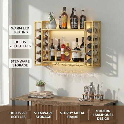 40" Wall Mounted Wine Rack with LED Lights & Wine Glass Rack