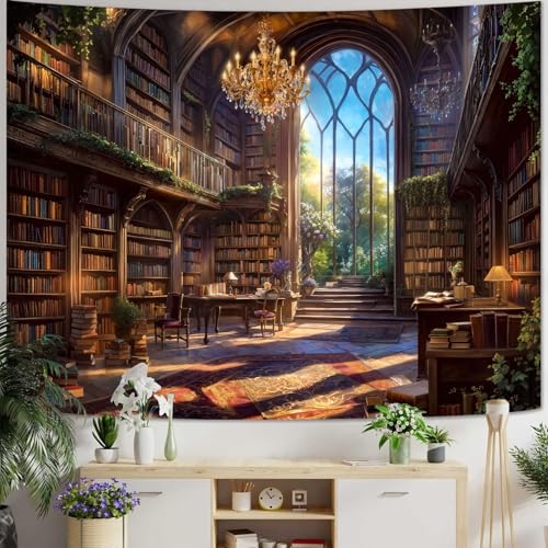 Vintage Library Tapestry Medieval Bookshelf Tapestries Wall Hanging Fantasy Academia Hall Book Backdrop Small Tapestry for Bedroom Living Room Dorm Classroom 60 x 44 inch