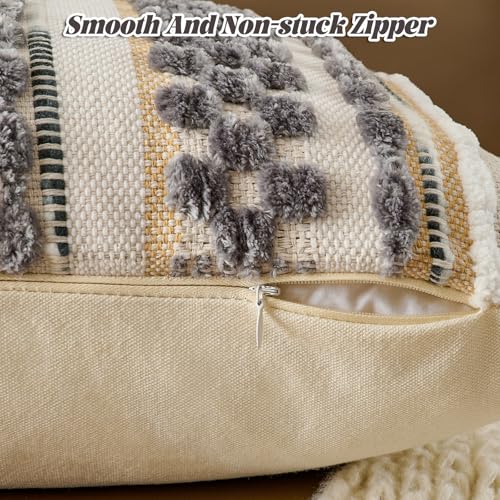 Chenille Striped Textured Boho Throw Pillow Covers Aesthetic with Tassels Woven Decorative Pillow Case for Couch Bed Sofa Bedroom Modern Funky 18 x 18