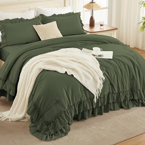 Olive Green Ruffle California King Comforter Set