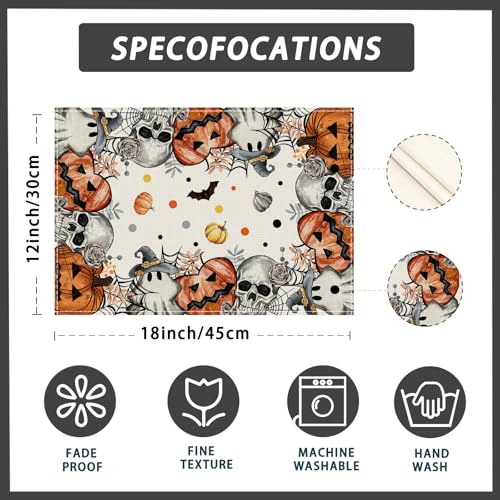 Halloween Skeleton Ghost Placemats Set of 6 Table Decor 12x18 Inch (9 Sq Ft)