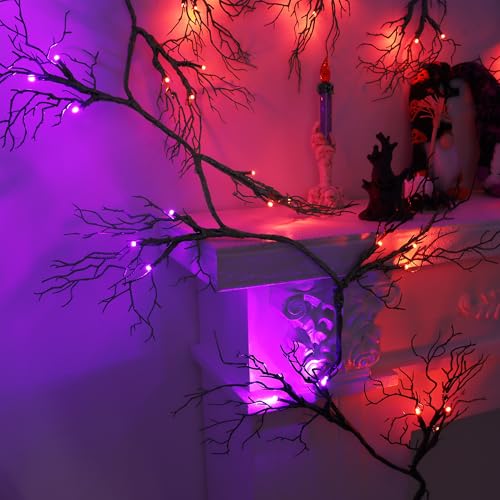 9 FT 66 LED Willow Vine Twig Decor Black Halloween Garland with Orange Purple Lights
