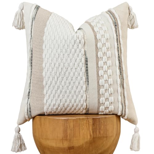 Chenille Striped Textured Boho Throw Pillow Covers Aesthetic with Tassels Woven Decorative Pillow Case for Couch Bed Sofa Bedroom Modern Funky 18 x 18