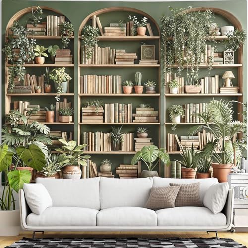 Sage Green Plant Bookshelf Tapestry Botanical Bookshelf Tapestries Wall Hanging Vintage Potted Plants Library Backdrop Extra Large Tapestry for Bedroom Living Room Dorm 90 x 68 inch