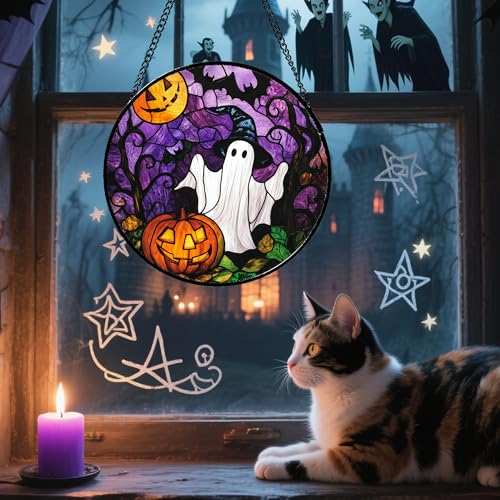 Stained Glass Window Hanging Halloween White Ghost Black Bat 15"