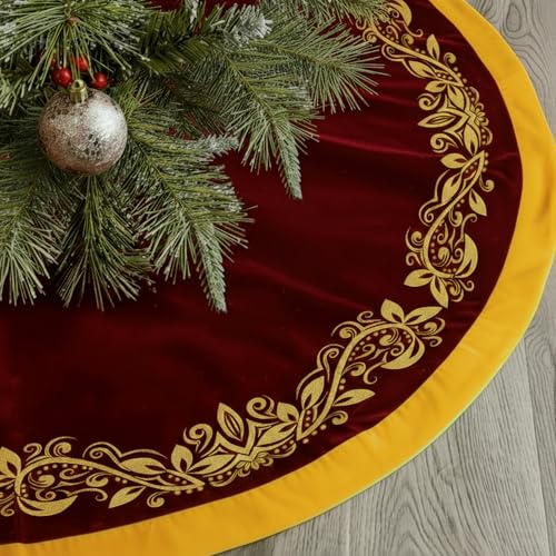48 Inch Vintage Velvet Christmas Tree Skirt Burgundy Traditional Luxury Plush Fur Tree Skirt with Gold Victorian Venetian Embroidered Holly Leaf for Rustic Home Xmas Holiday Decoration