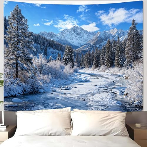 Winter Forest Snow Mountain Tapestry Snowy Pine Tree Woodland Tapestry for Bedroom Aesthetic White Clouds Flowing River Landscape Tapestries Wall Hanging for Living Room Dorm Office 90 x 68 Inch