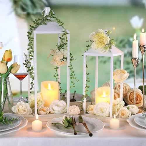 White Decorative Lantern Decor 17" 13" Set of 2 Wedding Lantern with Candle (2 Count)