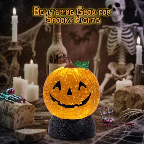 Halloween Snow Globe Lantern Pumpkin Lighted Halloween Snow Globes Battery Operated or USB Powered with 6H Timer Musical Snow Globe Glitter for Spooky Party Home Table Decorations