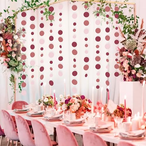 Burgundy Dusty Pink Decorations Circle Dot Garland Maroon Pink Hanging Polka Dot Streamer Banner for Wedding Birthday Bridal Shower Engagement Graduation Anniversary Garnet Party Supplies