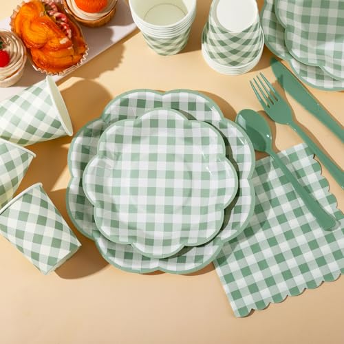 350 Pcs Sage Green Gingham Paper Plates and Napkins Party Supplies