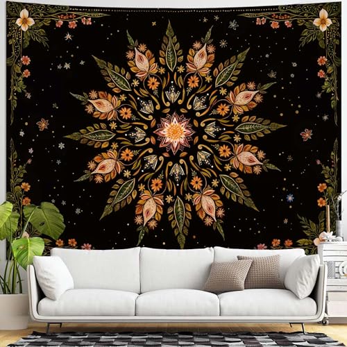 Boho Floral Mandala Tapestry for Bedroom Aesthetic Vintage Bohemian Flower Wall Tapestry Black Green Hippie Indian Extra Large Tapestries Wall Hanging for Living Room Dorm Decor 90 x 68 Inch