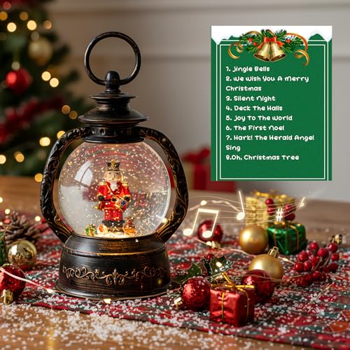 Christmas Snow Globe Lantern Water Glittering Nutcracker with Music & Timer
