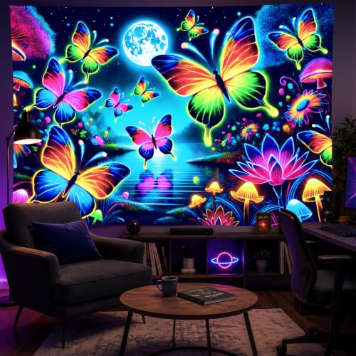 Blacklight Tapestry Butterfly Floral UV Backdrop 78 x 59 Inch