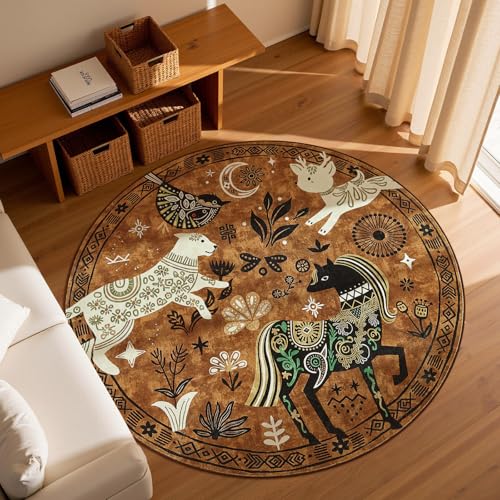 5ft Cute Round Rug Kids Washable Fun Rug Earthy Brown Starlit Boho (19.63 Sq Ft)