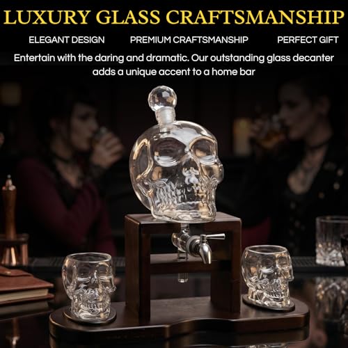 Skull Skeleton Wine & Whiskey Decanter Set 750mL with 2 Skull Shot Glasses 3oz (4 Count)