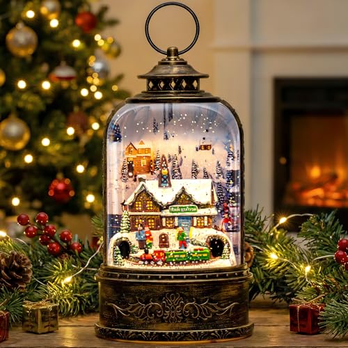 Christmas Village Snow Globe Water Lantern with Train Station Scene Battery Operated or USB Powered Musical Lighted Holiday Decoration for Tabletop Display for Family and Friends