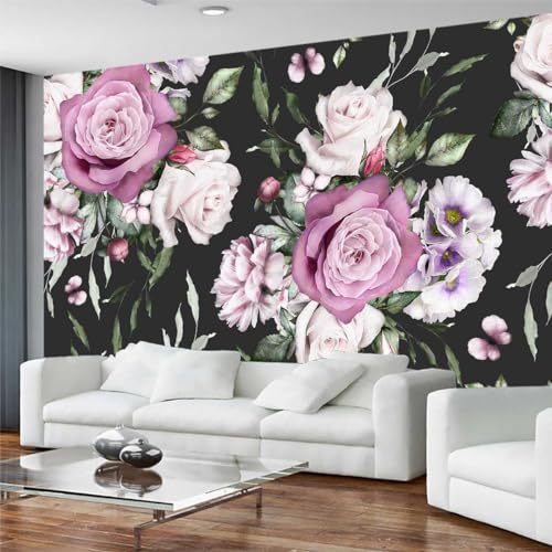 Seamless Pattern of Flowers and Exotic Leaves on a Black Background. Floral Roses and Peonies Wall Mural