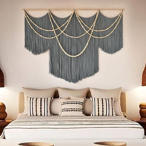 Large Macrame Wall Hanging Grey Boho Wall Art Beaded Decor 57"W*39"L