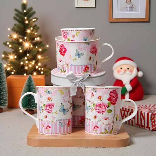 Elegant Bone China Two Coffee Mugs set in floral design (2 Count)