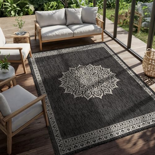 Outdoor Rug 10x14 Medallion Darkgray Modern Large Area Rugs for Indoor and Outdoor Patios Kitchen and Hallway Mats Washable Porch Deck Outside Carpet (140 Sq Ft)
