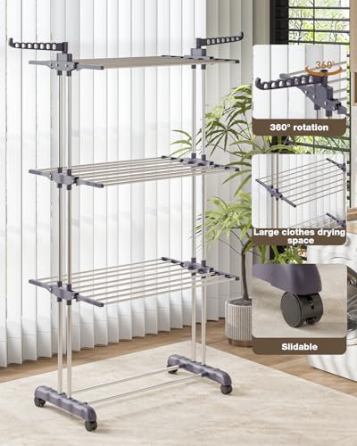 Clothes Drying Rack Folding with Wheels Drying Rack Clothing Clothes Horses Rack Stainless Steel Laundry Drying Rack with Two Side Wings 4 Tier Grey