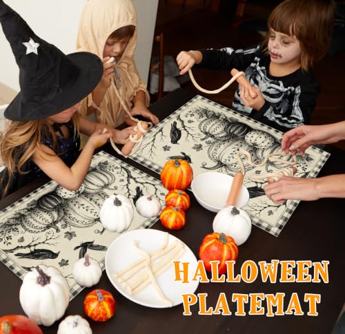 Halloween Placemats Set of 4 Crow Pumpkin Linen Table Mats Gingham 18x12 (4 Count)