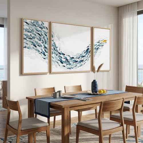 Extra Large 3 Piece Framed Blue White Coastal Fish Wall Art for Living Room (3 Count)