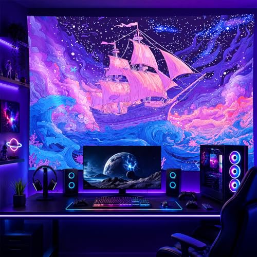 Blacklight Tapestry Ocean Ship Neon Wall Art 78 x 59 Inch