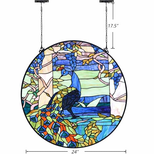 W10094 Blue Peacock Tiffany Style Stained Glass Round Window Panel