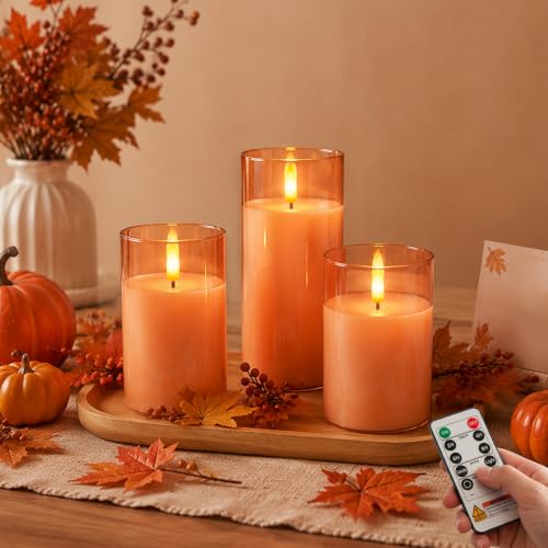 Orange Halloween Glass Flameless LED Pillar Candle with Remote Timer (3 Count)