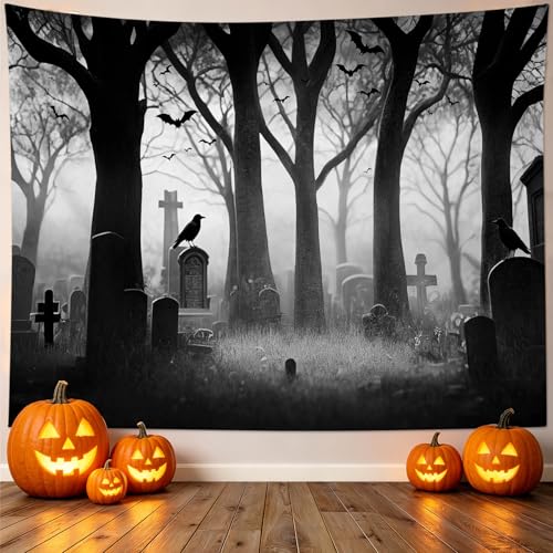 Spooky Halloween Cemetery Tapestry Scary Tombstone with Dead Trees Forest Tapestry Wall Hanging Horror Ghost Party Background Tapestry for Bedroom Living Room Dorm 80Wx60L Inches