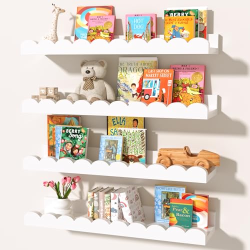 White Scalloped Nursery Shelves for Wall (4 Count)